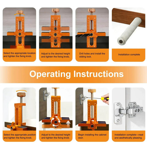 Operating instructions for 3-In-1 Cabinet Door Mounting Jig With Adjustable Positioner, Base, And Three Drill Bits, Pro-Grade Aluminum Alloy Cabinet Hinge Installation Tool For Frameless And Face-Frame Cabinets, Works On Left Or Right Opening Doors.