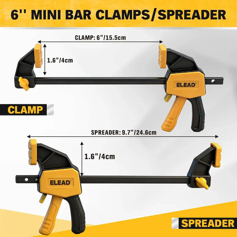 Two 6 Inch Mini Bar Clamps For Woodworking Set With One-Handed F Clamp And Spreader, 75 Lbs Load Capacity, Quick Release Grip