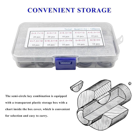 Woodruff Key Assortment Kit 120 Pieces In 10 Sizes Carbon Steel Half Moon Keys with storage box and size chart