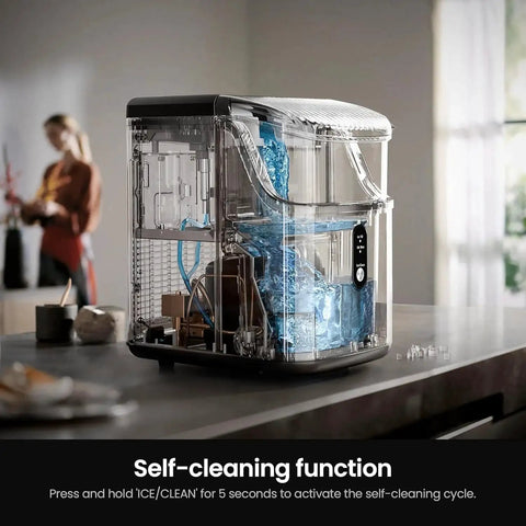 Nugget Ice Maker Countertop Portable 35 Lbs Per Day Self Cleaning One Click, side view showing transparent casing and controls.