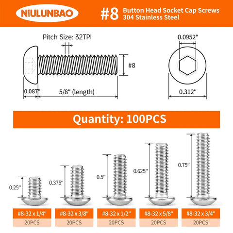 8-32 304 Stainless Steel Button Head Socket Cap Screws Kit With Allen Hex Drive Fully Threaded Machine Bright Finish Assorted 100-Piece Set diagram and size chart
