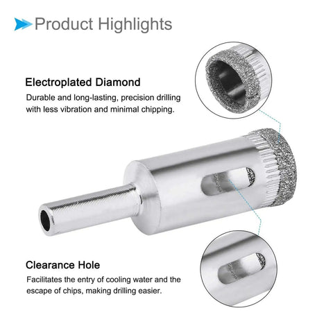 Close-up of Diamond Drill Bit Set For Glass And Ceramic, 15mm Hole Cutting Size, Nickel Plated Diamond Core Bits, showing electrop...