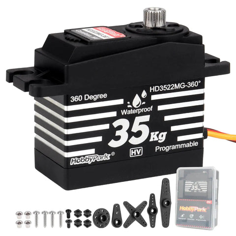 360 Degree Continuous Rotation Servo With Beefy 35Kg Torque Coreless Motor And Metal Gears shown with accessories