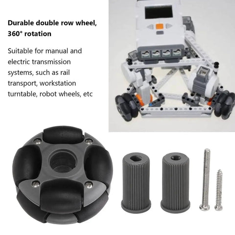 360 Degree Omnidirectional Wheel With Double Row Bearings For Robotics, showing wheel, shafts, and screws setup for robotics projects.