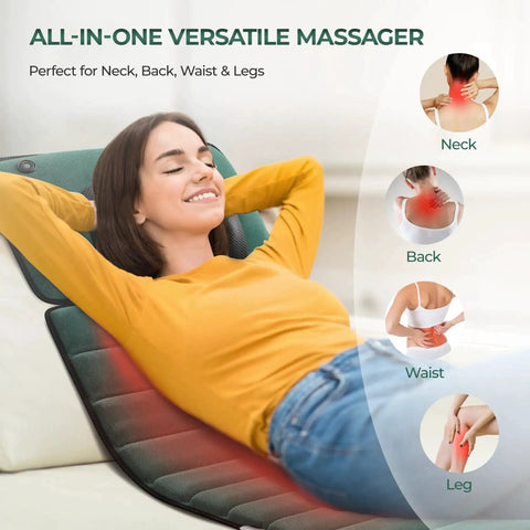 Woman using Ultimate Full Body Massage Mat With Heat And Detachable Neck Massager for deep tissue relief on neck, back, waist, and legs.