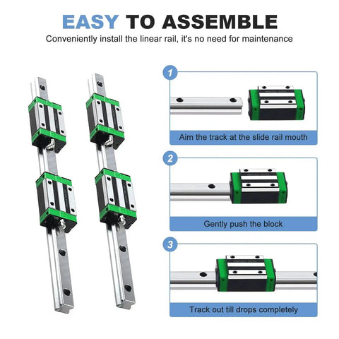 Steps showing assembly of 600mm HGR20 Linear Guide Rail Kit With 2 Rails And 4 HGH20CA Bearing Blocks for CNC motion in printers and machines.