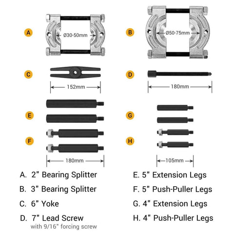 12-Piece 5-Ton Bearing Removal Tool Kit With 30-75mm Splitter And Puller Set For Wheel Hubs, Bearing Races And Differential Bearings parts diagram