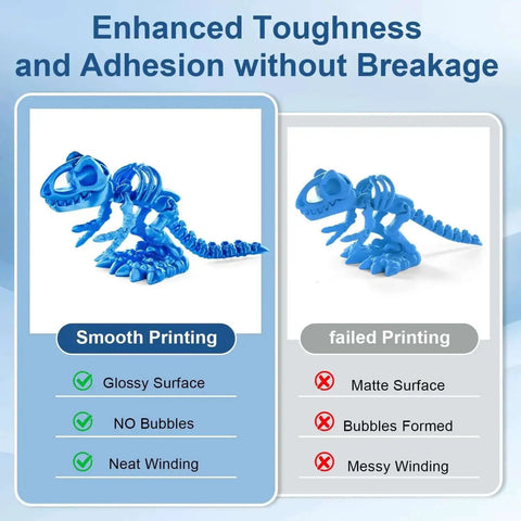 Comparison of smooth vs. failed 3D prints with Silk PLA 3D Printer Filament Bundle, 6 Color Set In Gold Silver Red Green Blue Purple, High Gloss Finish.