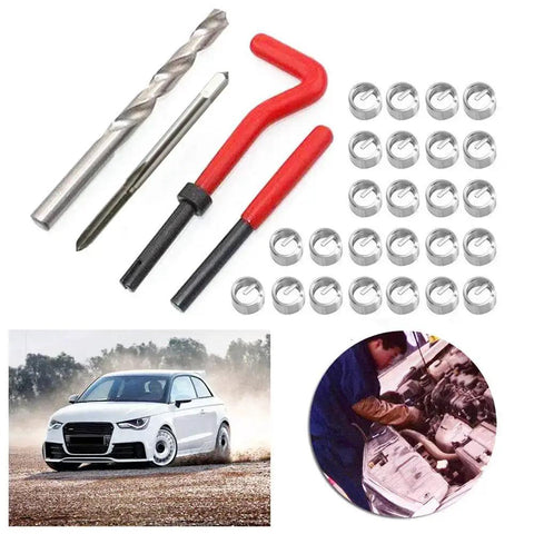 30 Piece Metric Thread Repair Kit With Helicoil Threaded Inserts And Installation Tool For M3 M4 M7 M9 M11 Threads Car Pro Coil Tool For Vehicle And Shop Repairs, with visible drill bits, helicoil inserts, and installation tools, shown alongside car and engine repair illustrations.