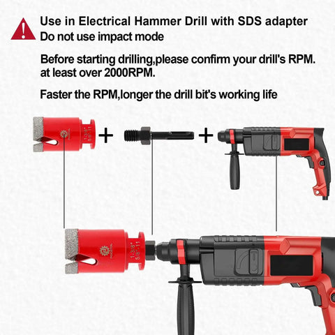 Pro Grade Diamond Tile Hole Saw Kit 13pc with SDS adapter and drill use instructions shown in image