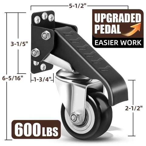 Heavy Duty Workbench Casters Kit 600 Lb Capacity Set Of 4 With Two Mounting Options shown with dimensions and upgraded pedal