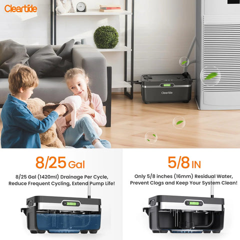 Cleartide condensate pump for HVAC, gray/black unit with a green level window beside a dehumidifier in a living room.