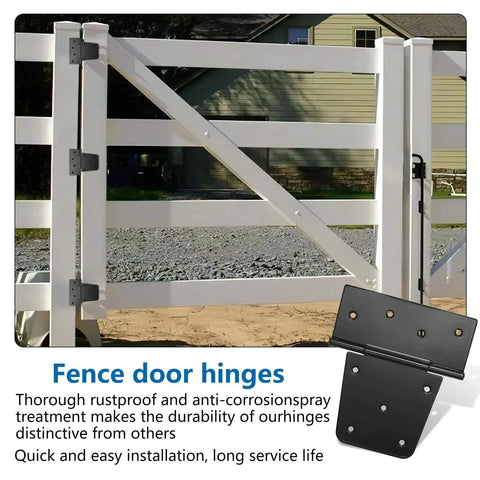 Heavy Duty Gate Hinges For Wooden Fences Set Of 6 Black Iron Barn Door Hinges installed on white wooden gate.