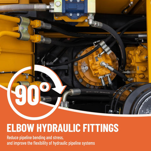 Racewill 5-pack 90-degree hydraulic elbow fittings; 1/4in NPTF male x 1/4in NPSM female on orange hydraulic equipment