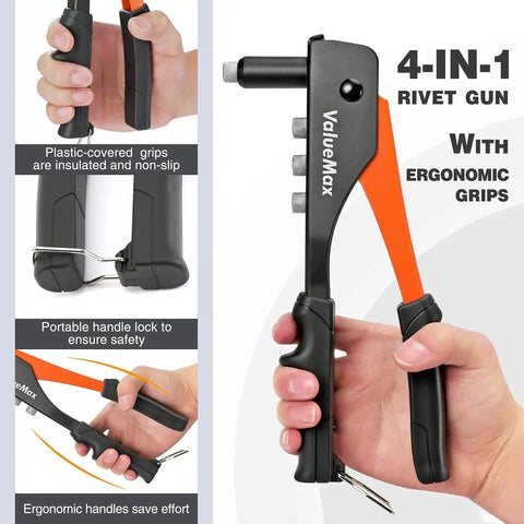 4 In 1 Hand Riveter Kit With 200 Rivets For Metalwork, Heavy Duty Rivet Gun With 4 Interchangeable Nosepieces