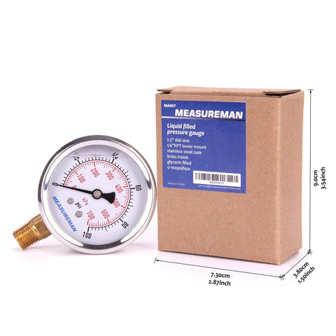 MEASUREMAN pressure gauge, 2.5 in dial, glycerin-filled, 1/4 NPT lower mount, 304 stainless steel case, 0-100 psi/kPa