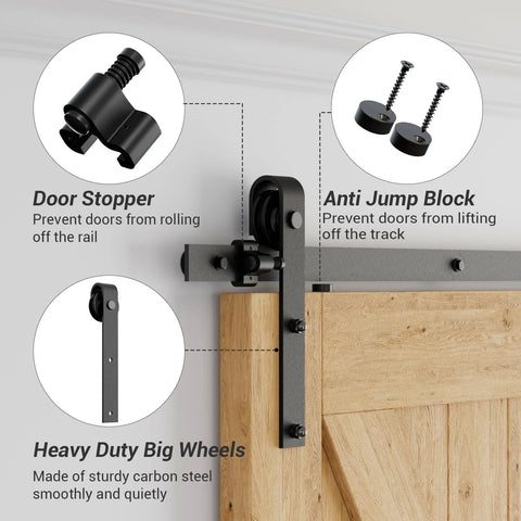 Beefy 20 Foot Sliding Barn Door Hardware Kit for Double 60 Inch Wide Doors with 330 Pound Weight Capacity, door stopper and anti jump block features shown.