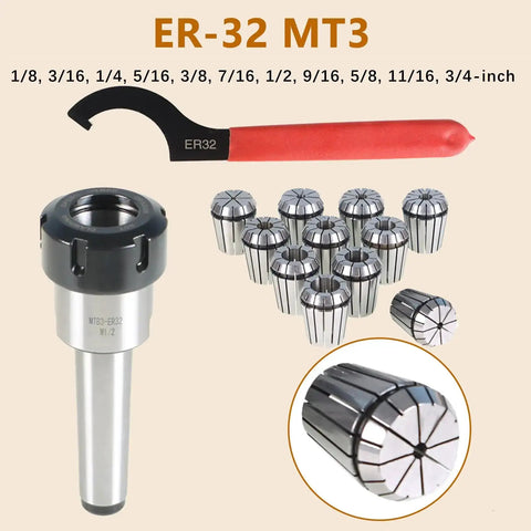 ER32 MT3 Spring Collet Chuck Holder Set With Eleven Collets From One Eighth To Three Quarters Inch And Wrench