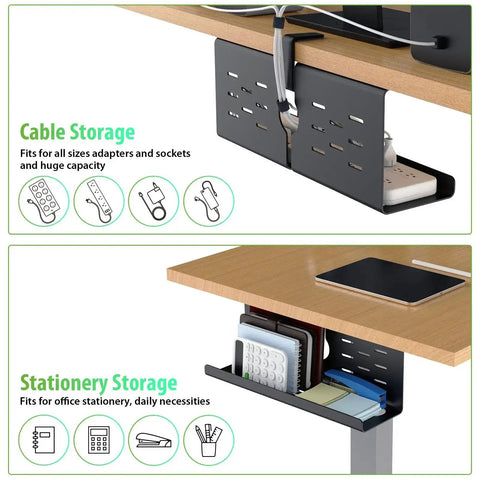 Two Pack 16 Inch Under Desk Cable Management Trays Expandable To 32 Inches No Drill Mount Cord Organizer showing cable and stationery storage.