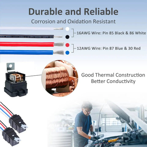 4 Pin 12V DC IP65 Waterproof Relay Harness Kit With Heavy Duty 40/30 Amp Rating 12 And 16 AWG Tinned Copper Wires SPST