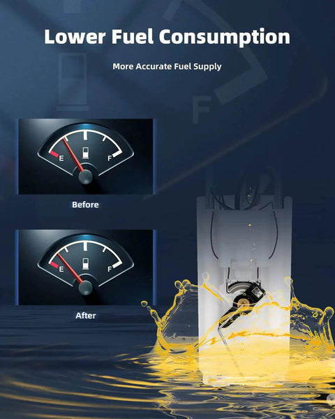 Fuel Pump Replacement E3521M Direct Fit Drop In For Buick Rendezvous And Pontiac Aztek 3.4L V6 2001 To 2004 Easy Install No Modification Needed OE Grade Construction showcasing lower fuel consumption with fuel gauge before and after.