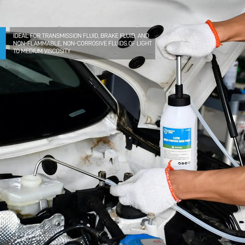 Person using 1 Liter Oil Transfer Pump For Engine And Transmission Fluids Narrow Space in car engine bay