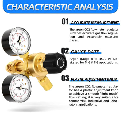 Rugged Argon CO2 Welding Regulator With 2 Inch Dual Gauges and plastic adjustment knob for MIG and TIG, 0 to 4500 PSI, CGA580 fitting
