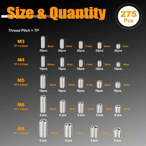 Chart displaying 304 Stainless Steel Set Screws Kit With 275 Pcs, Metric M3 To M8, 3mm To 16mm Lengths, 24 Sizes, quantity per size.