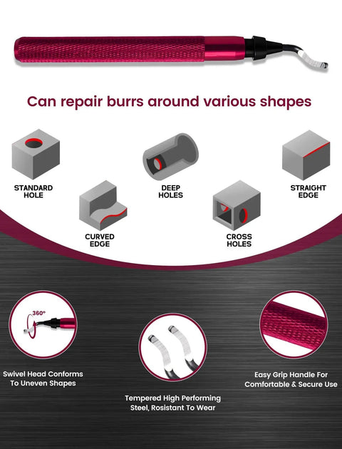 Pro Deburring Tool Kit With 15 HSS Rotary Blades for various holes and edges, red handle, 360 rotating design.