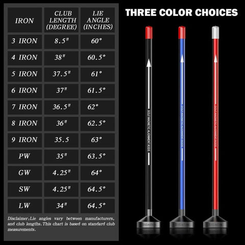 Three Magnetic Alignment Rods For Golf Swing Training Aid in black, blue, and red colors with a club length chart.