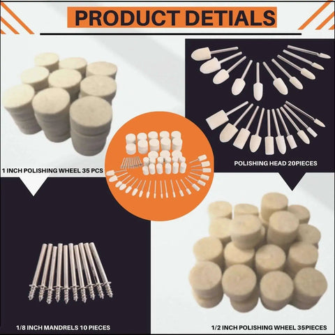 100Pcs Polishing Buffing Wheel Set For Dremel Rotary Tools With One Eighth Inch Shank Assorted Sizes And Shapes For Metal Plastic Glass Jewelry Polishing Kit By XUPYNAR Pro, including 1 inch and 1/2 inch wheels, and polishing heads.