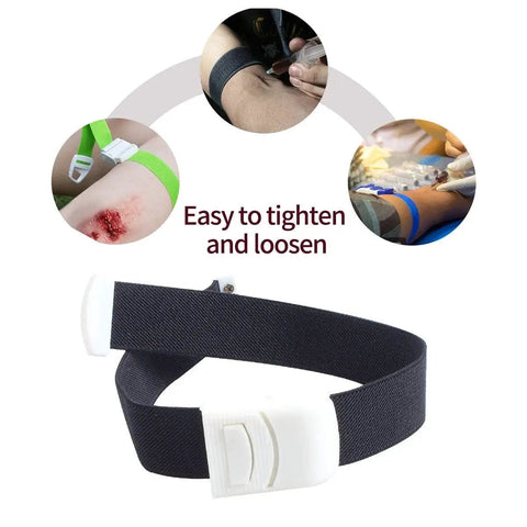 Six Pack Tourniquet Elastic First Aid Quick Release Bands for medical and sports use, shown with ergonomic casing and sturdy snap clip.