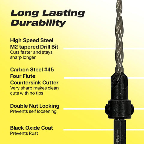 Pro Grade Woodworking Countersink And Plug Cutter Set With Adjustable HSS Drill Bits No 8 And No 12 For Three Eighths Inch And One Half Inch Screws Includes Three Eighths Inch And One Half Inch Wood Plug Cutters And Hex Wrench Black Oxide Finish drill bit with descriptions of features