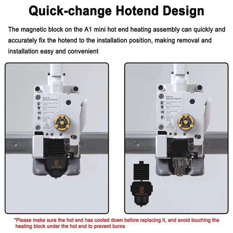 3 Pack Hotend Kit With 0.2mm 0.4mm 0.6mm Nozzles For 3D Printers, Replacement Print Head Compatible With Bambu Lab A1 And A1 Mini installed, showing quick-change design.