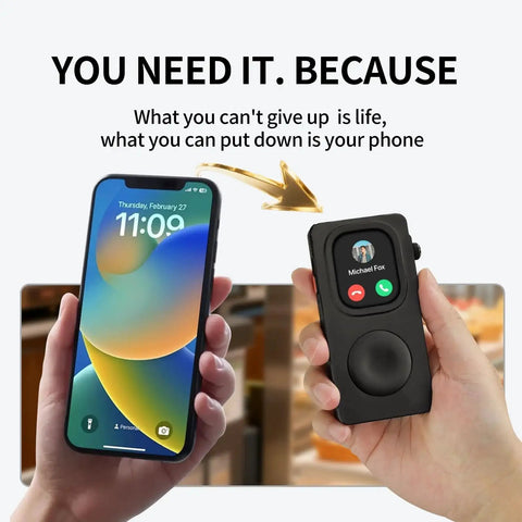 Person holding smartphone and retro iPod style aluminum case with Apple Watch turning into smartphone.