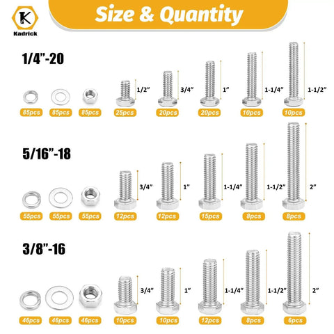 Heavy Duty Stainless Steel Hex Bolts And Nuts Kit With 744 Piece SAE Assortment size chart for 1/4-20, 5/16-18, 3/8-16 bolts.