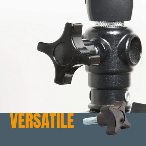 Close-up of Woodworking T Track Knob Kit 36 Piece Set with 1/4-20 Threads, featuring black four-star knob on fixture