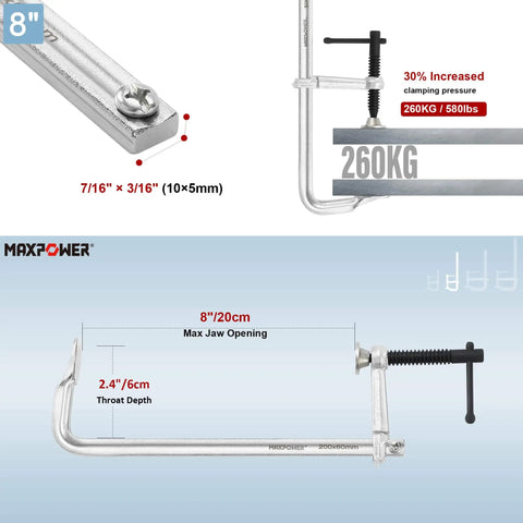 Light Duty F Clamp Set With 4In, 8In, 8In, And 12In Jaw Openings, Up To 580 Lbs Per Clamp, shown with 8" jaw and steel build.