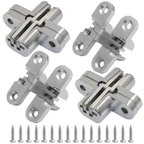 4 Pack Hidden Hinges, 1.77 Inch Stainless Steel Cross Invisible Swing Hinges with Sixteen 4x16mm Screws for Kitchen Cabinet Doors