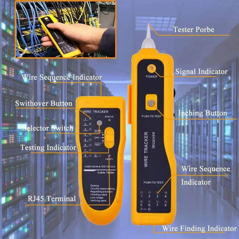 Pro Grade RJ45 Cat6 Crimp Tool Set With Pass Through Connectors in networking server room with cable tester and wire tracers