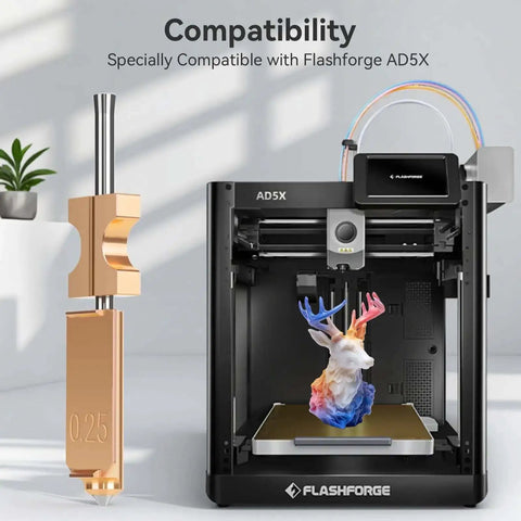 AD5X 3D printer with Quick Swap Nozzle Kit For AD5X 3D Printer After May 2025 Purchase Date, showing installed nozzle and printed model.