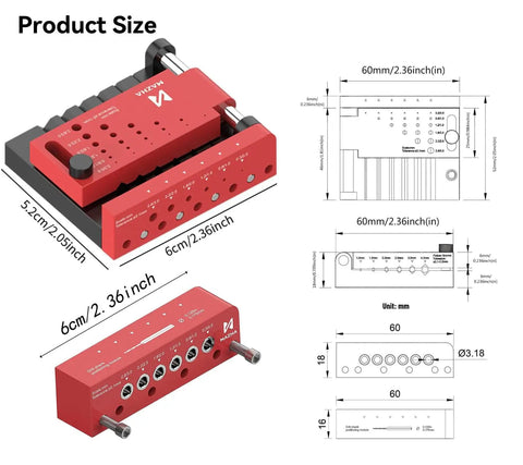 Pro Grade Round Rod Center Locator And Drill Shank Positioning Module Drill Guide Jig For Precise Hole Drilling shown with measurements