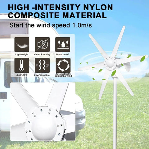 OSKOPWRC 800W wind turbine kit with 6 white blades on a tall pole; front view with hub close-up inset
