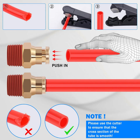 CheeMuii 76 PCS brass DOT air line fittings with red tubing for 1/4" and 3/8" lines; push-in quick-connect diagram