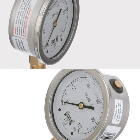 Industrial Grade Two And One Half Inch Dial Liquid Filled Pressure Gauge For Pumps And Compressors, Brass Internals, 304 Stainless Steel Case