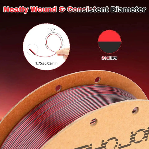 Silk Dual Color 1.75mm PLA Filament For 3D Printing Black And Red Coextrusion Slick Silk Finish spool with dimensional accuracy