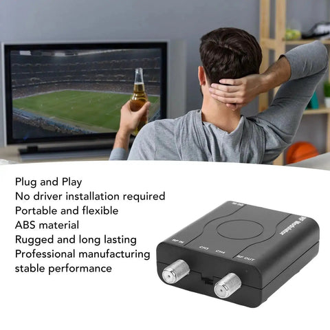 RF Modulator Adapter With HDMI Input For NTSC Output And 1080P PLL Controlled VHF Modulation shown with TV setup