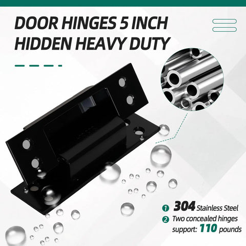 Hidden Door Hinge Set for 5 Inch Doors Black 304 Stainless Steel Rock Solid Heavy Duty Invisible Hinge 120 Degree 3mm Thick 4 Pieces Includes 32 Screws and Mounting Hardware Riyhch shown with 304 stainless steel label and weight support detail