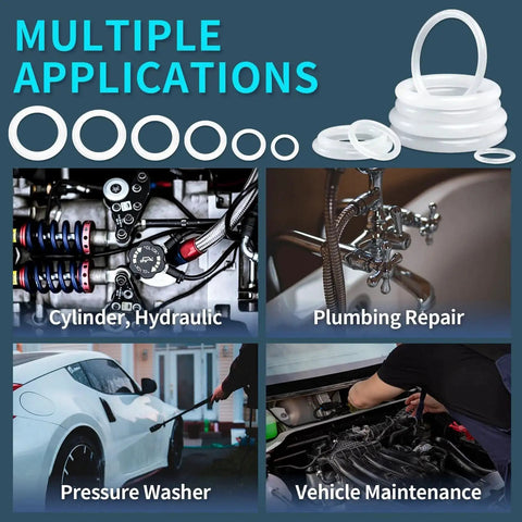 All In One Silicone O Ring And Washer Kit With 660 Clear O Rings In 18 Sizes and 90 Washers displayed for multiple applications including plumbing.