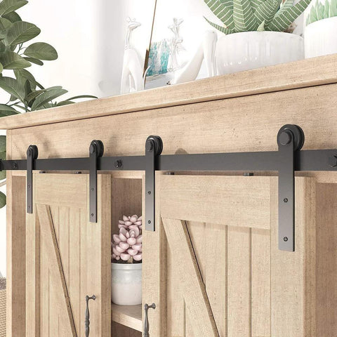 Compact 6 Foot Sliding Barn Door Hardware Kit For Double Doors And Small Cabinets installed on wooden cabinet doors